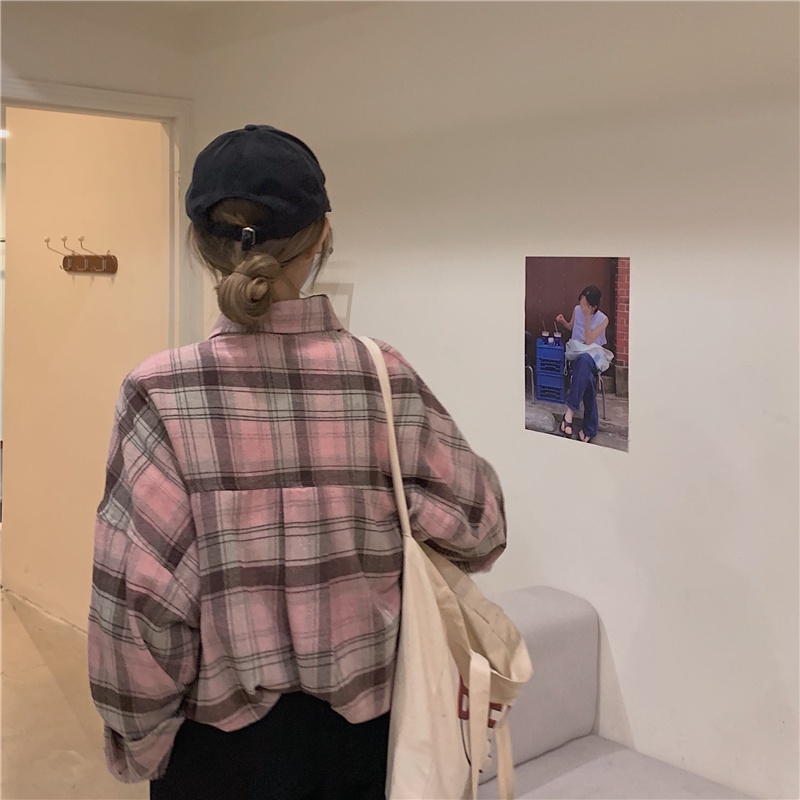 SUXI Áo Sơ Mi Caro Tay Dài Dáng Rộng Phong Cách Retro Cho Nữ