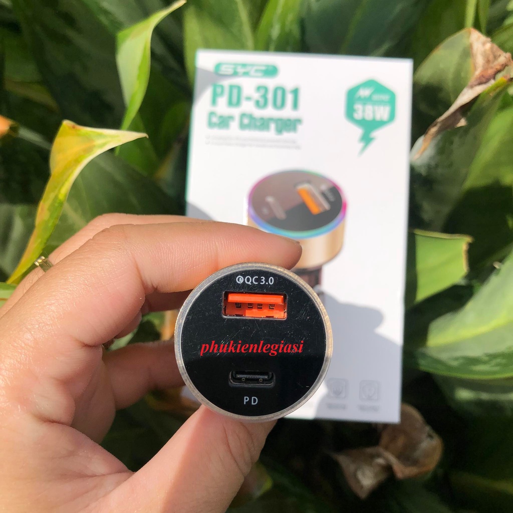 Cốc sạc oto có cổng PD sạc nhanh SYC 301 có 2 cổng usb 38W