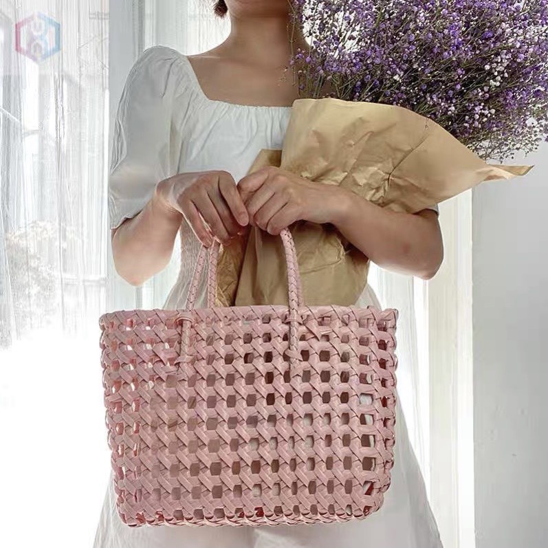 Giỏ xách nhựa màu sắc ngọt ngào đan lỗ chụp ảnh vintage dẽ thương kèm nơ voan