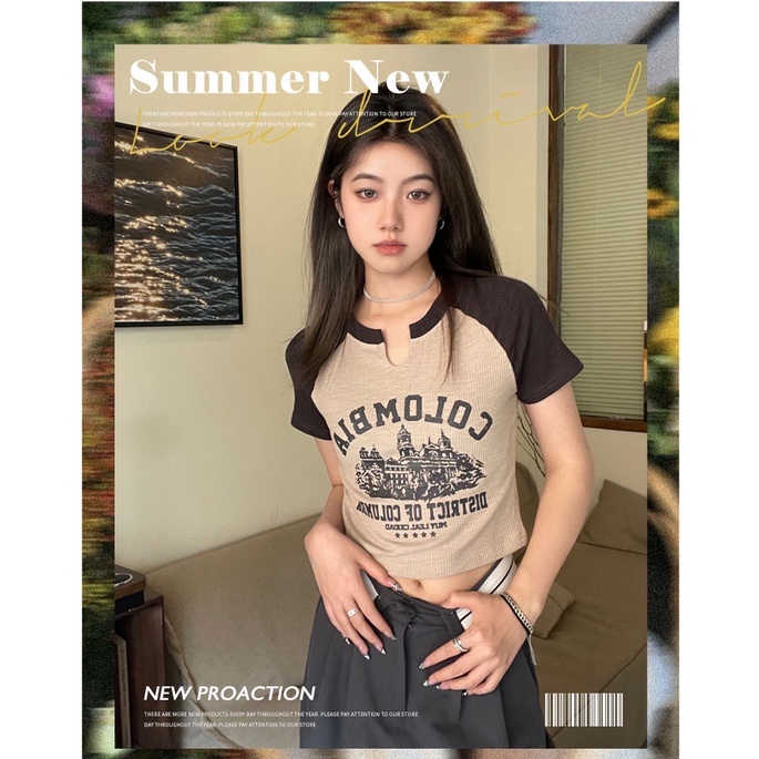 Áo Croptop Tay Ngắn Cổ Chữ V Thiết Kế Mỏng Quyến Rũ Thời Trang Theo Phong Cách Mỹ Cho