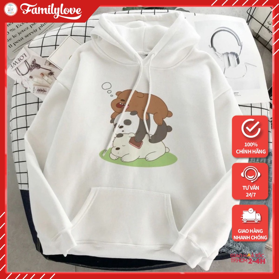 Áo Hoodie Nữ form rộng Cotton Nỉ da cá (Kèm hình thật chất áo có Logo Thương hiệu) 3 chú Gấu BEAR nằm lên nhau