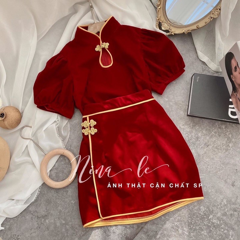 Set Váy Đỏ 🥀 FREESHIP + KÈM ẢNH THẬT 🌹 SET CROPTOP NHUNG ĐỎ CỔ TÀU & CHÂN VÁY NHUNG VIỀN 💫