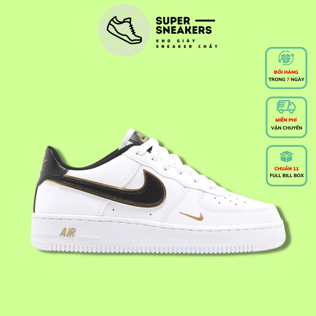 Giày 𝗡𝗶𝗸𝗲 𝗔𝗙𝟭 Trắng Vệt Đen Logo Vàng, Giày Thể Thao Sneaker Nike AF1 Air Force 1 Vệt Đen Nam Nữ Full Box Bill