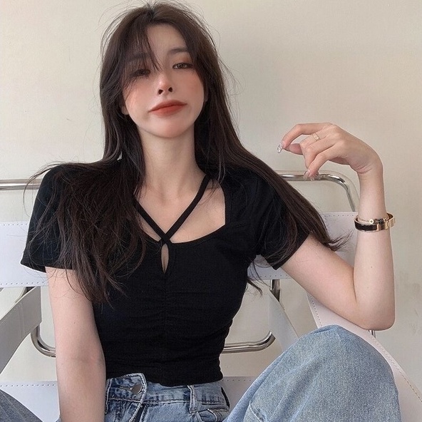 Áo ZHELIHANGFEI dệt kim ngắn tay cổ vuông xinh xắn thời trang