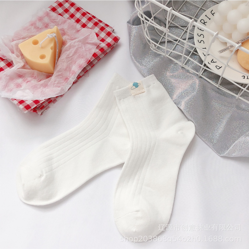 Vớ trắng nữ cổ cao Hàn Quốc Tất gân trơn cổ trung nữ Nhật Bản Cotton