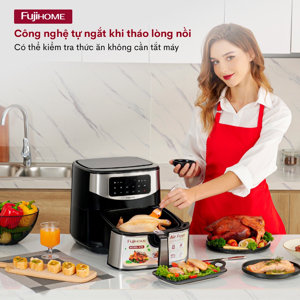 Nồi chiên không dầu 8L điện tử Fujihome Nhật Bản Nhập Khẩu, chống dính cao cấp, tự ngắt an toàn