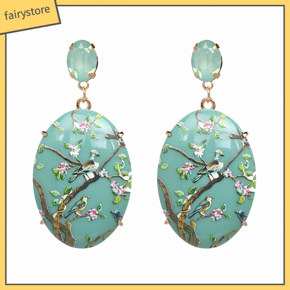 Cặp Hoa Tai Hợp Kim Đính Đá Hình Oval Xinh Xắn