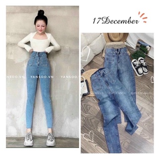 Quần jeans nữ hai nút lưng cao 2 túi tròn trước, quần jean nữ co giãn tốt