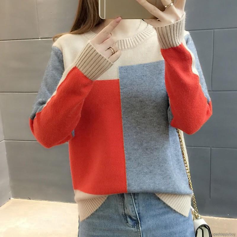 Áo Sweater dệt kim tay dài thiết kế màu tương phản cho phái nữ