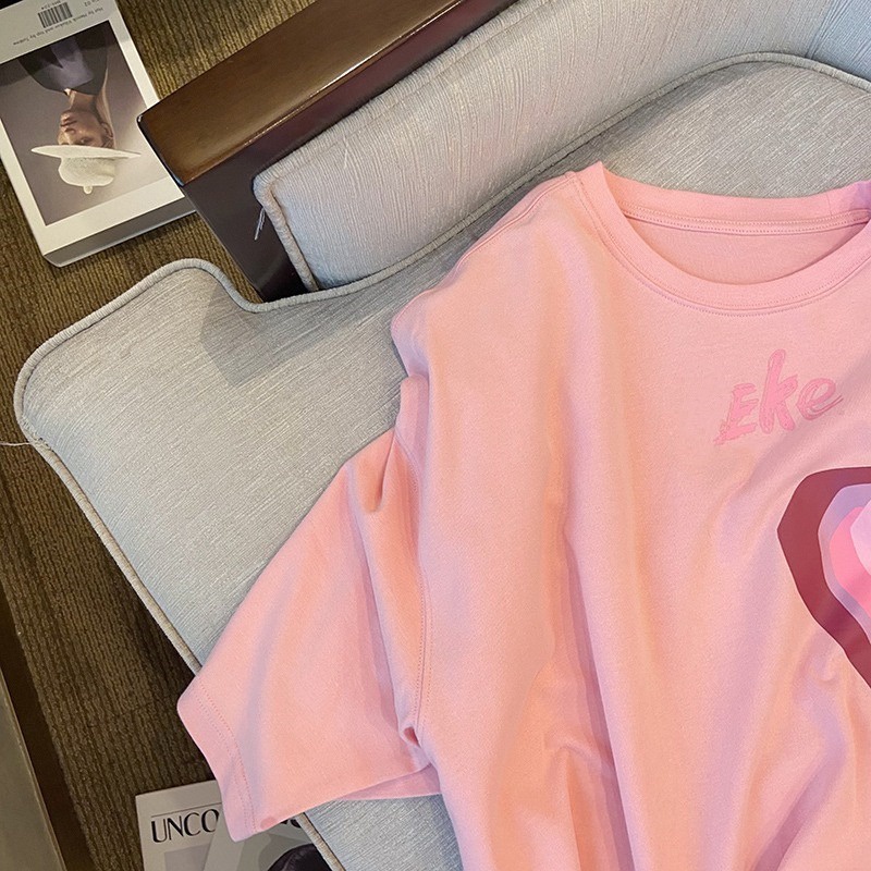 Áo thun ZHELIHANGFEI tay ngắn dáng rộng in hình trái tim thời trang cho nữ