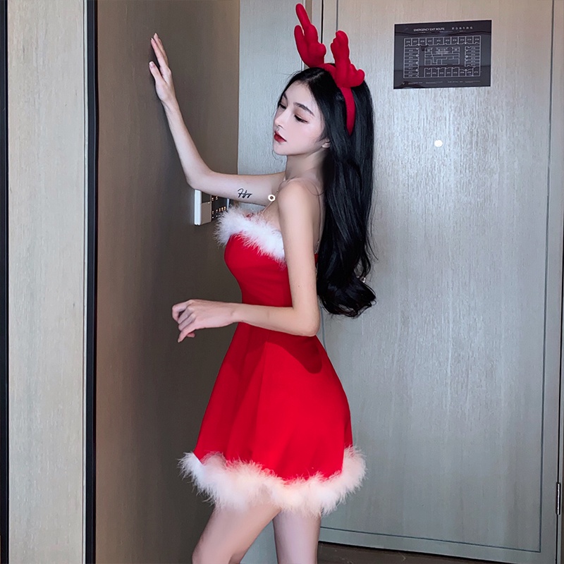 Đầm 2 dây đỏ trong suốt tết giáng sinh noel xuân lông cổ chữ V sexy hở vai lưng váy ngắn xòe eo thon ulzzang