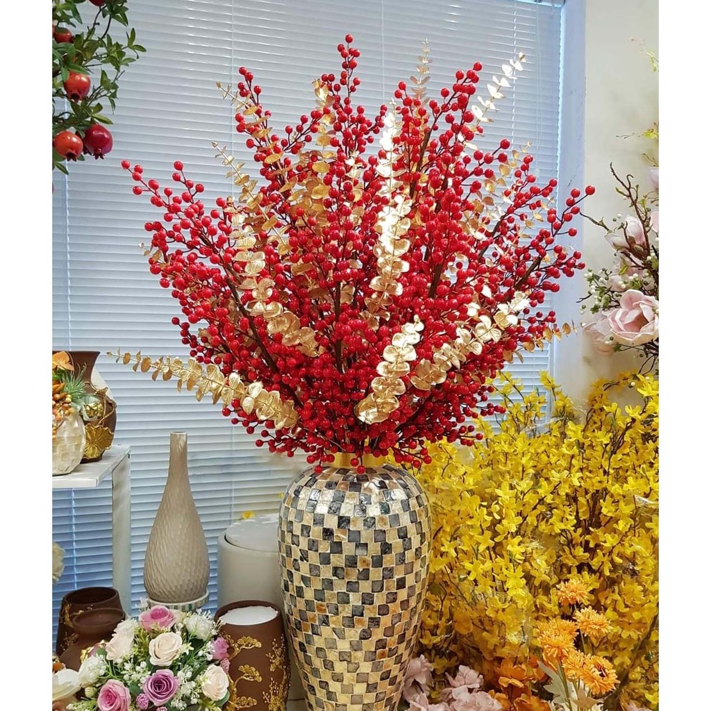 Hoa giả - Cành đào đông 6 nhánh decor trang trí cắm lọ bình đẹp
