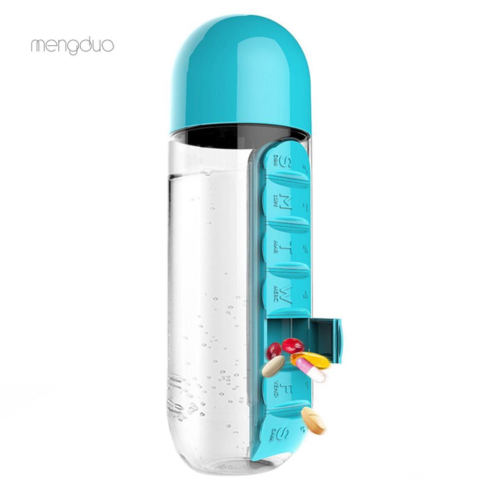MD❀600ml 2 in 1 Combine Daily Pill Box Organizer Outdoor Drinking Water Bottle