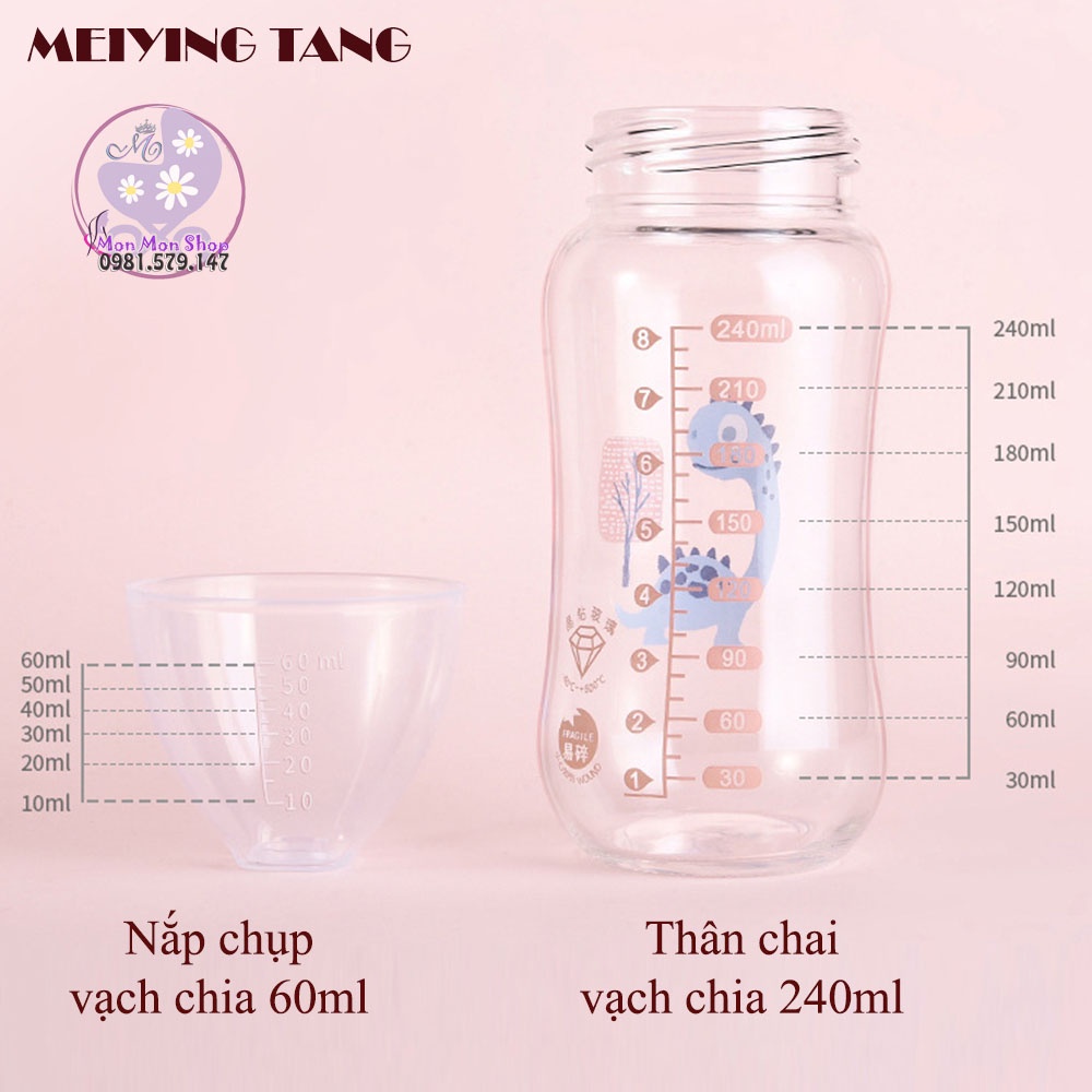 Bình sữa thủy tinh cổ rộng 180ml/240ml vừa máy Avent/Spectra có tay cầm và núm ti siêu mềm, van chống sặc Meiying Tang