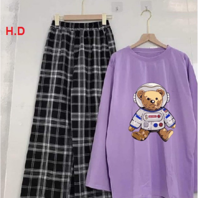 Sét áo gấu tay dài + quần kẻ ô HĐ12 , sét áo nam nữ,  sét bộ mặc ở nhà MODY
