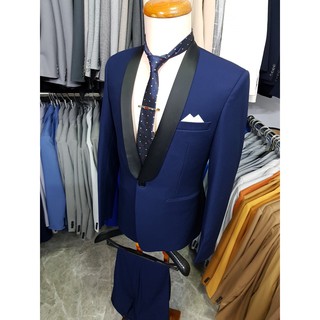 Bộ vest nam ôm body tông xanh đen kiểu cổ sam chất liệu vải nhập cao cấp tặng combo phụ kiện