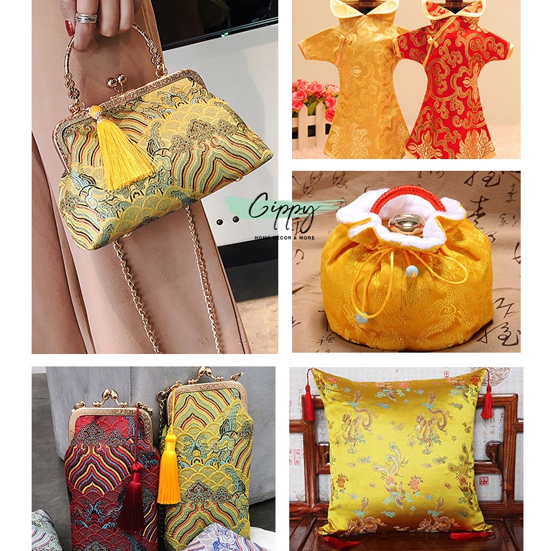 Vải gấm đỏ, gấm vàng, họa tiết hoa văn cổ trang, vintage - Gippy Decor