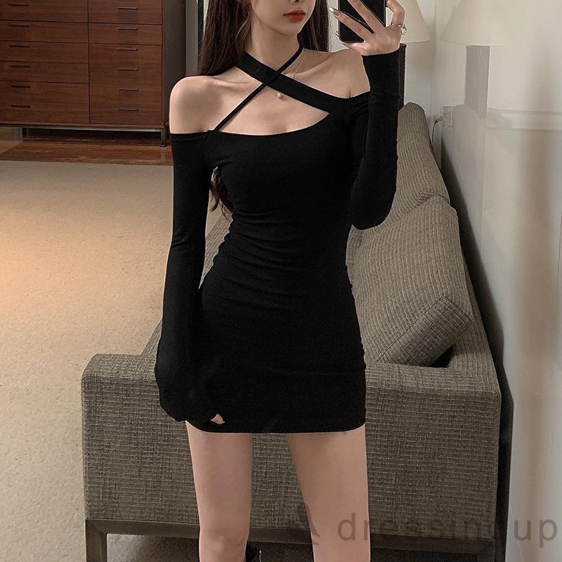 Đầm ngắn tay dài cổ thuyền màu trơn thời trang quyến rũ cho nữ