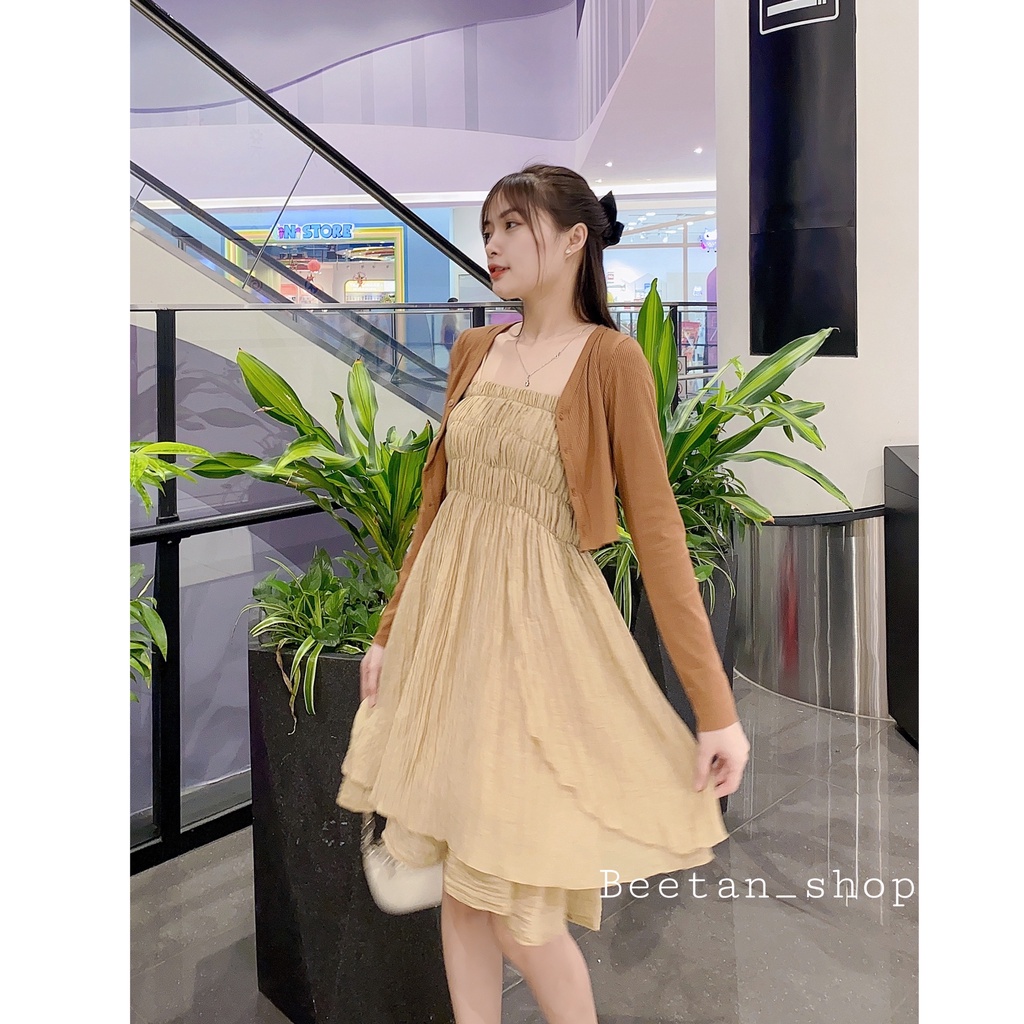 Set váy hai dây màu nâu tây siêu xinh tặng kèm áo khoác cardigan D28