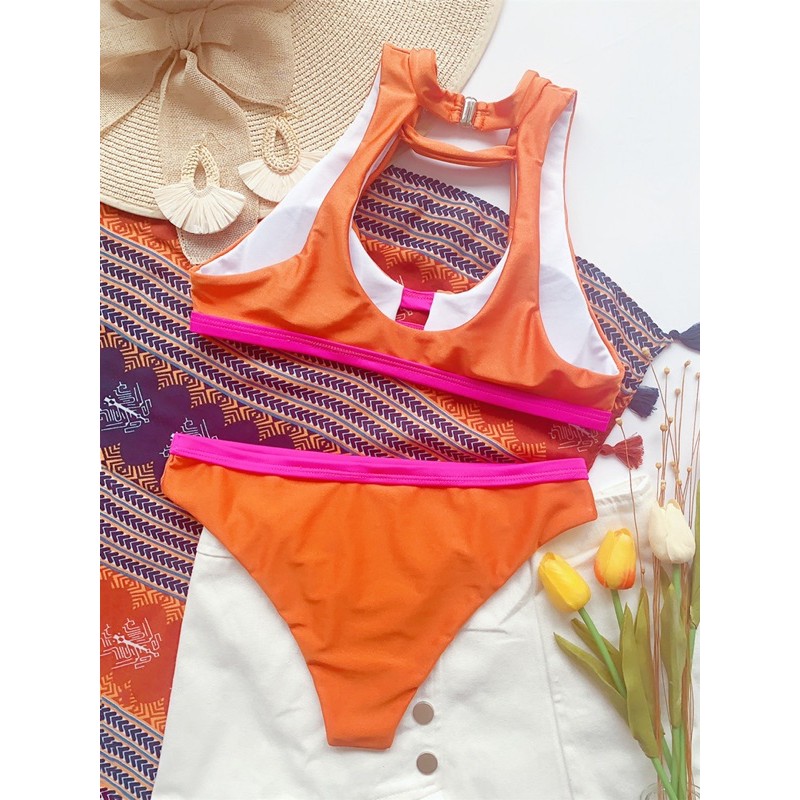 [BKN841] &lt;ÂU&gt; SET BIKINI CAM VIỀN HỒNG CỔ TRÒN