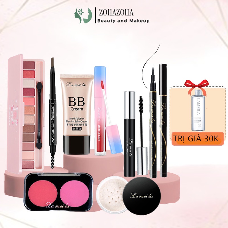 Bộ trang điểm Lameila 8 món đầy đủ bộ makeup cá nhân Phấn phủ Kem BB Phấn mắt Phấn má Mascara...