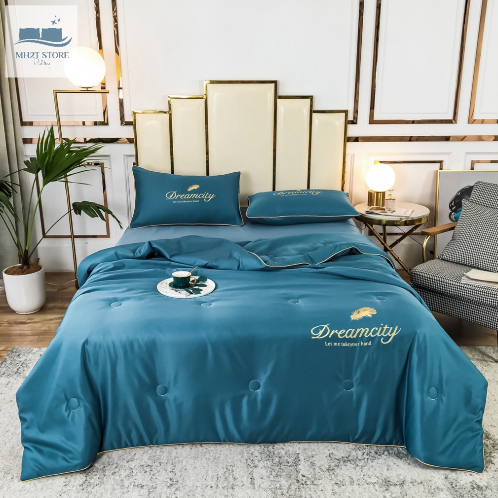 Bộ Chăn Ga Gối Lụa Dreamcity Chăn Trần Hè Mát Set 4 Món Chăn Ga Gối Lụa Phi Bóng Nhập Khẩu MH2T STORE