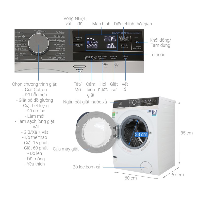 Máy giặt Electrolux 10kg màu trắng EWF1023BEWA