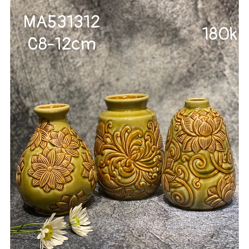 Bình gốm Bát Tràng, set 3 bình mini khắc hoa, trang trí nhà cửa