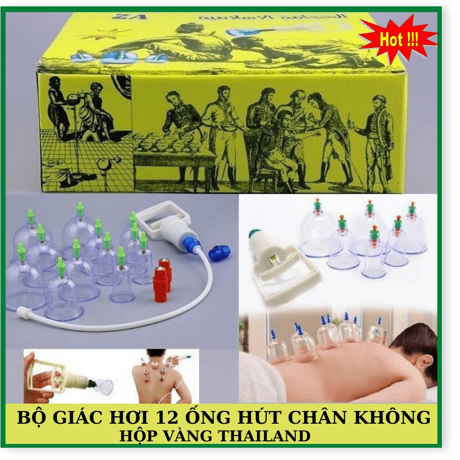 Bộ Dụng Cụ Giác Hơi 12 Ống Chân Không - Không Dùng Lửa, An Toàn Sức Khỏe - Hộp Vàng Thailand