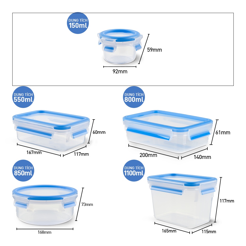 Bộ 5 hộp đựng thực phẩm nhựa Tefal Masterseal Fresh