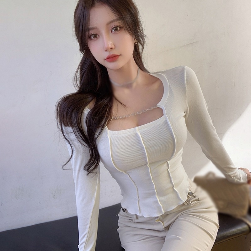Áo Thun Croptop Tay Dài Cổ Vuông Màu Trơn Phong Cách Hàn Quốc Thời Trang