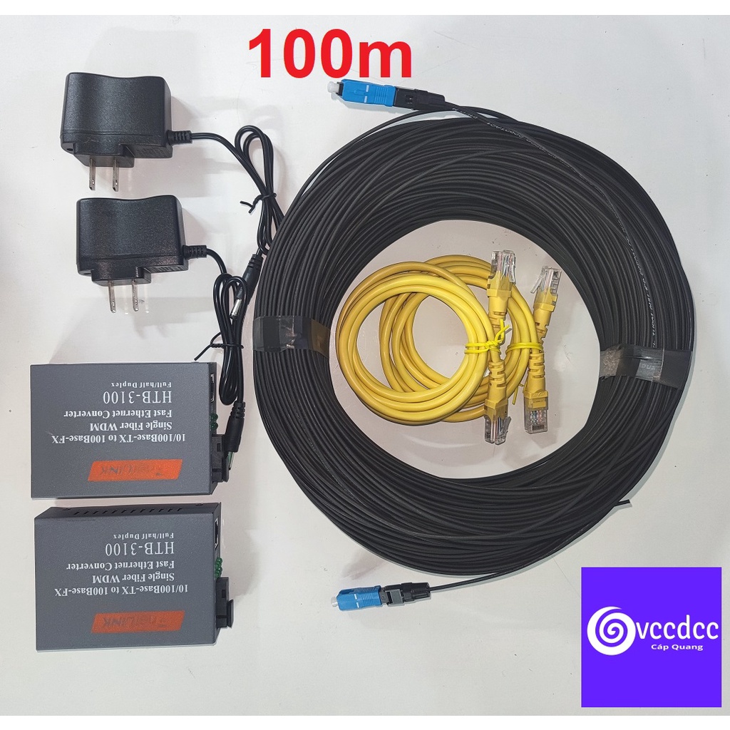 GIẢM 10% Combo 100m cáp quang 1fo gia cường bấm sẵn 2 đầu SC + cặp converter quang HTB 3100, GS03  A,B