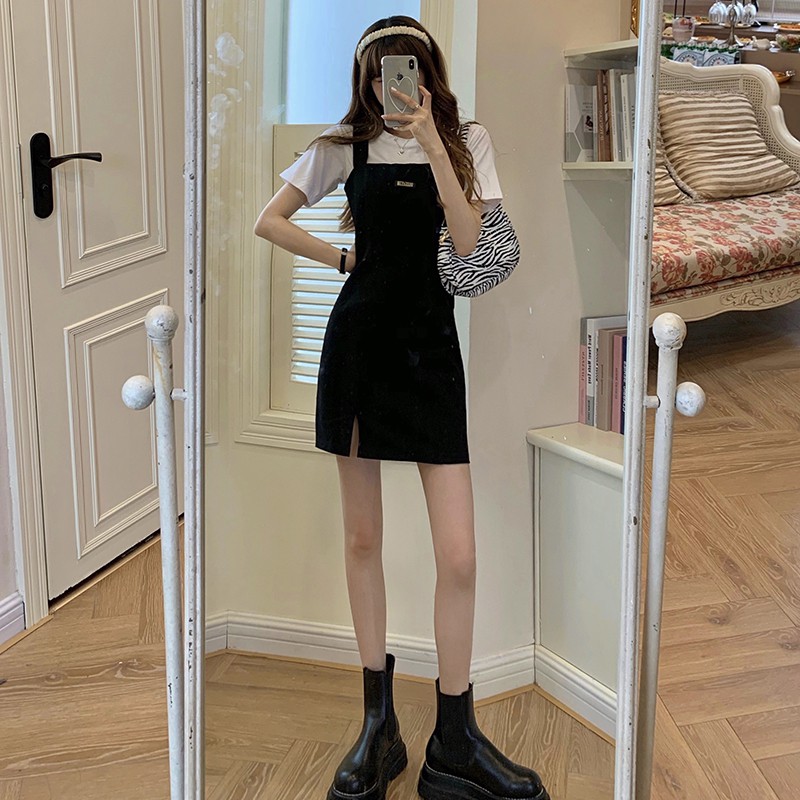 Xiaozhainv Set Áo Thun Ngắn Tay + Đầm Yếm Thời Trang Hàn Quốc Cho Nữ | BigBuy360 - bigbuy360.vn