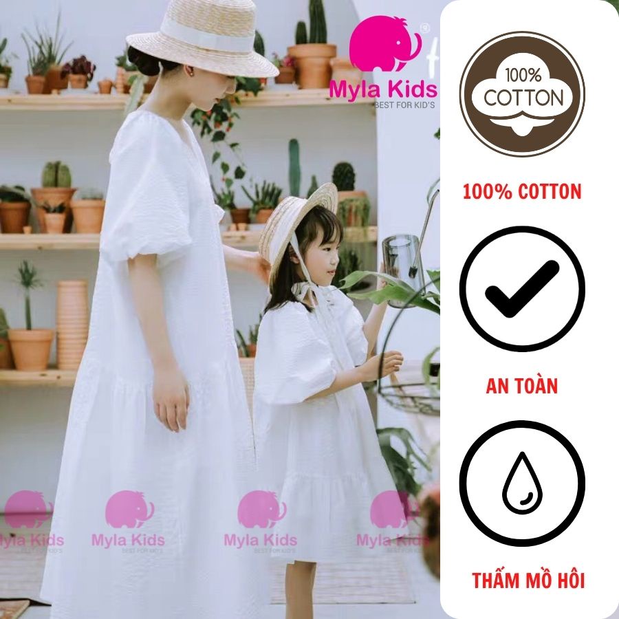 Váy đôi mẹ bé đuôi cá tay bồng màu trắng, đầm đôi mẹ bé màu trắng HRI cho bé từ 8-40kg Mylakids