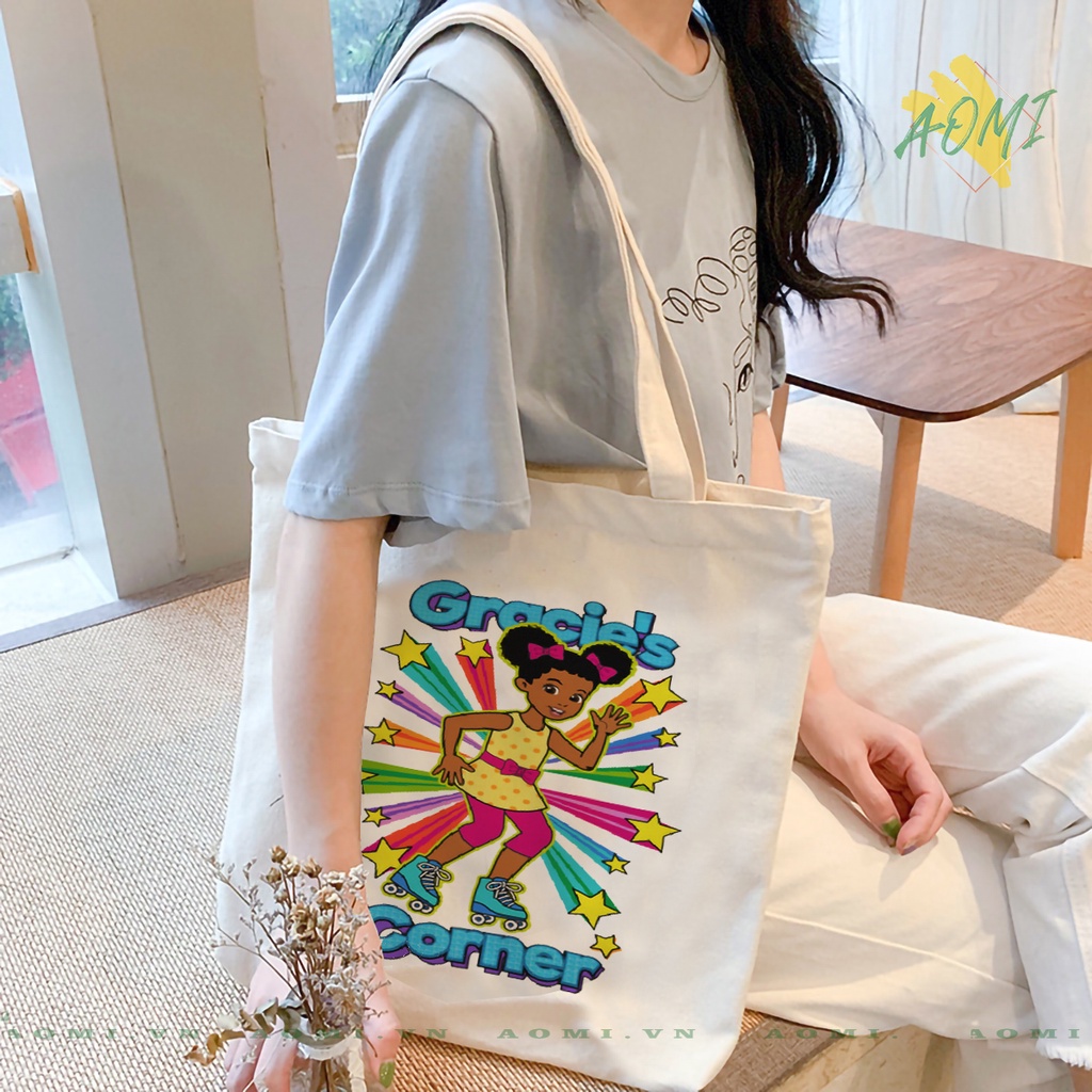 TOTE phonics song gracie's corner CANVAS TÚI VẢI ĐEO VAI BAG CÓ KHÓA KÉO SIZE LỚN 33x38cm AOMIVN DU LỊCH DẠO PHỐ AOMI