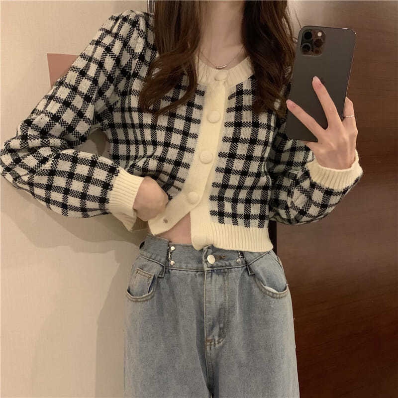Áo Cardigan Len Tay Dài Dáng Ngắn Họa Tiết Kẻ Sọc Thời Trang Mới Cho Nữ