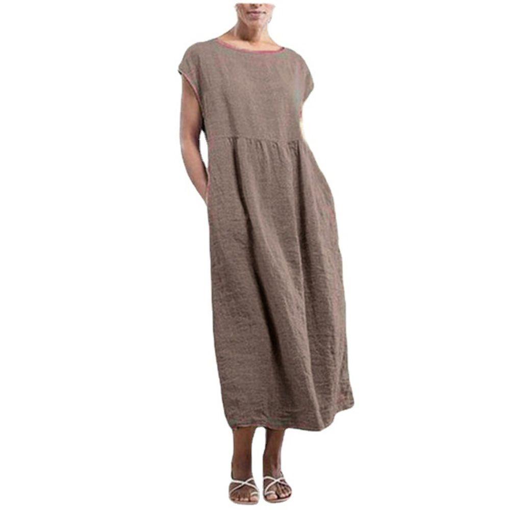 Đầm Dài Vải Lanh Cotton Màu Trơn Có Túi Plus Size Cho Nữ