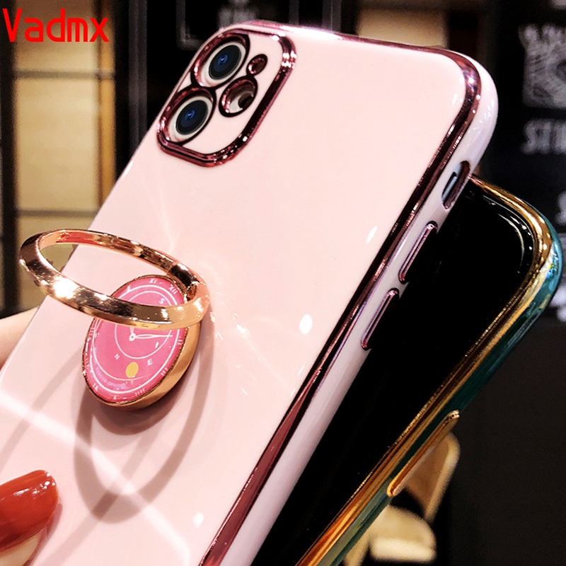 Luxury Plating Soft Silicone TPU Case Realme X2 Pro OPPO F11 F9 R17 R15 Pro A57 A39 R9 R9S F1 F3 Plus Case Finger Ring Stand Holder Cover