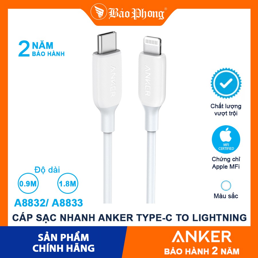 Dây cáp sạc nhanh Anker Type C - Lightning PowerLine III A8832 dài 0.9m và A8833 dài 1.8m dành cho iPhone IP iPad Mini