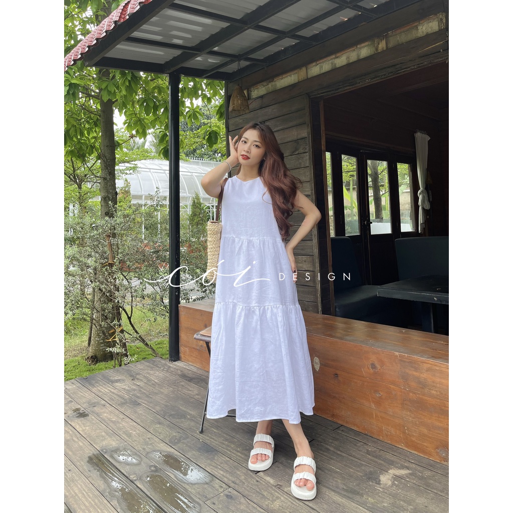 Đầm linen sát nách trơn tầng Cói Design