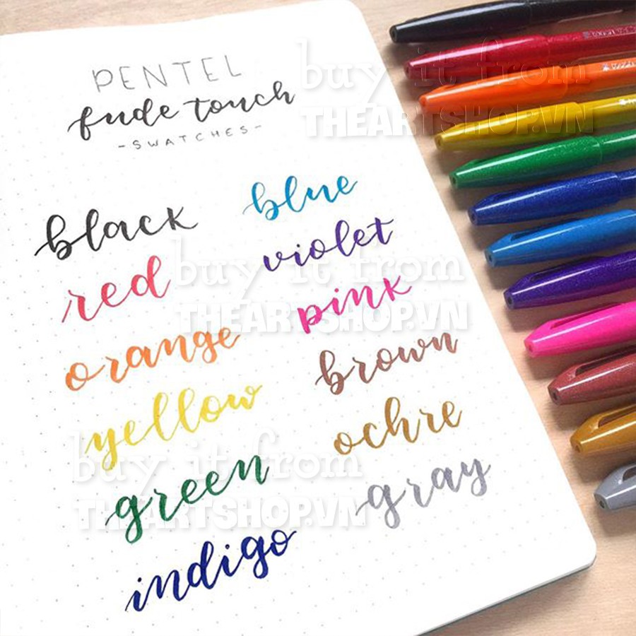 [Mã SKAMA8 giảm 8% tối đa 50K đơn 300K] Bút đầu cọ thư pháp PENTEL Sign brush pen, fude touch 12 màu cơ bản SES15C