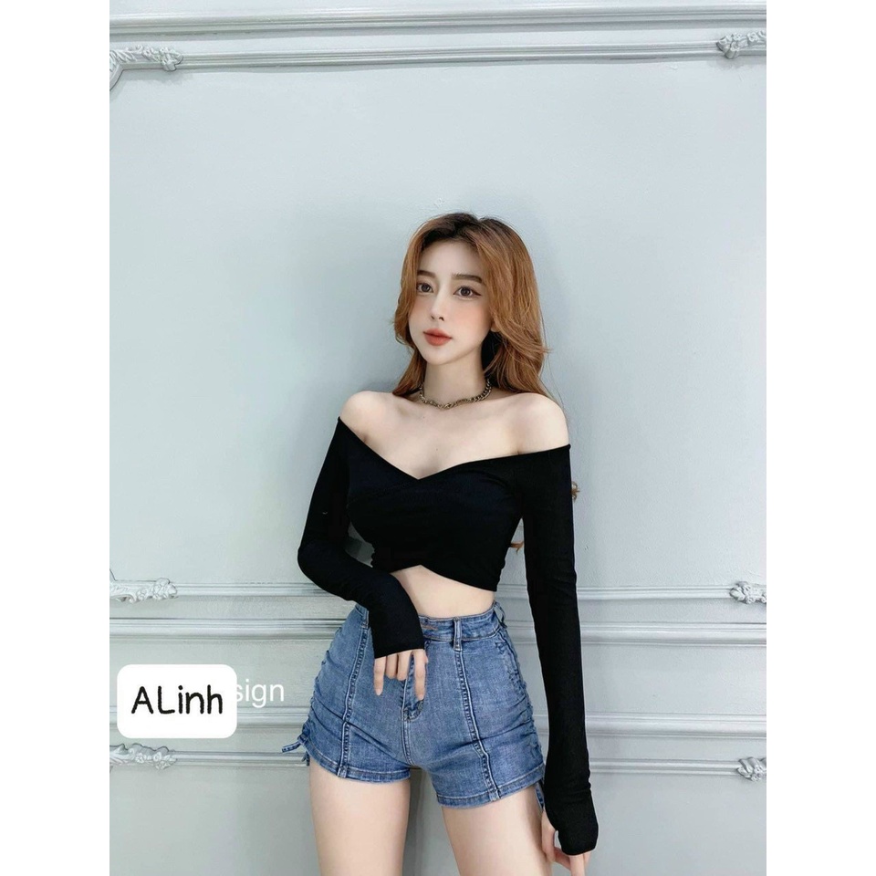Áo thun croptop tay dài đắp chéo trơn cực xinh  , chất thun gânp mềm mịn