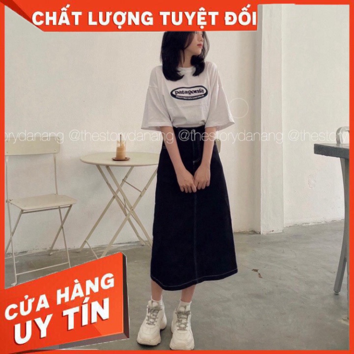 Chân váy chữ A denim chun sau dáng dài xẻ tà viền chỉ nổi - Chân váy bò dáng dài dập chỉ nổi ulzzang - Hàng n
