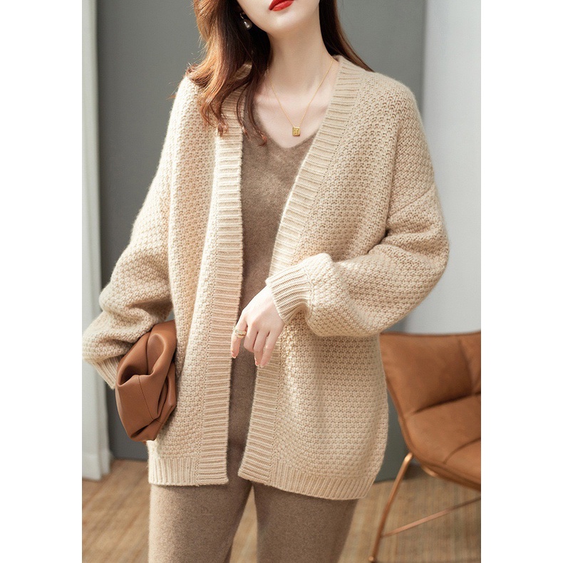 Áo khoác Cardigan len Chelgy không cúc dày dặn màu Be Trơn freesize mùa thu đông CG-CDGBT104