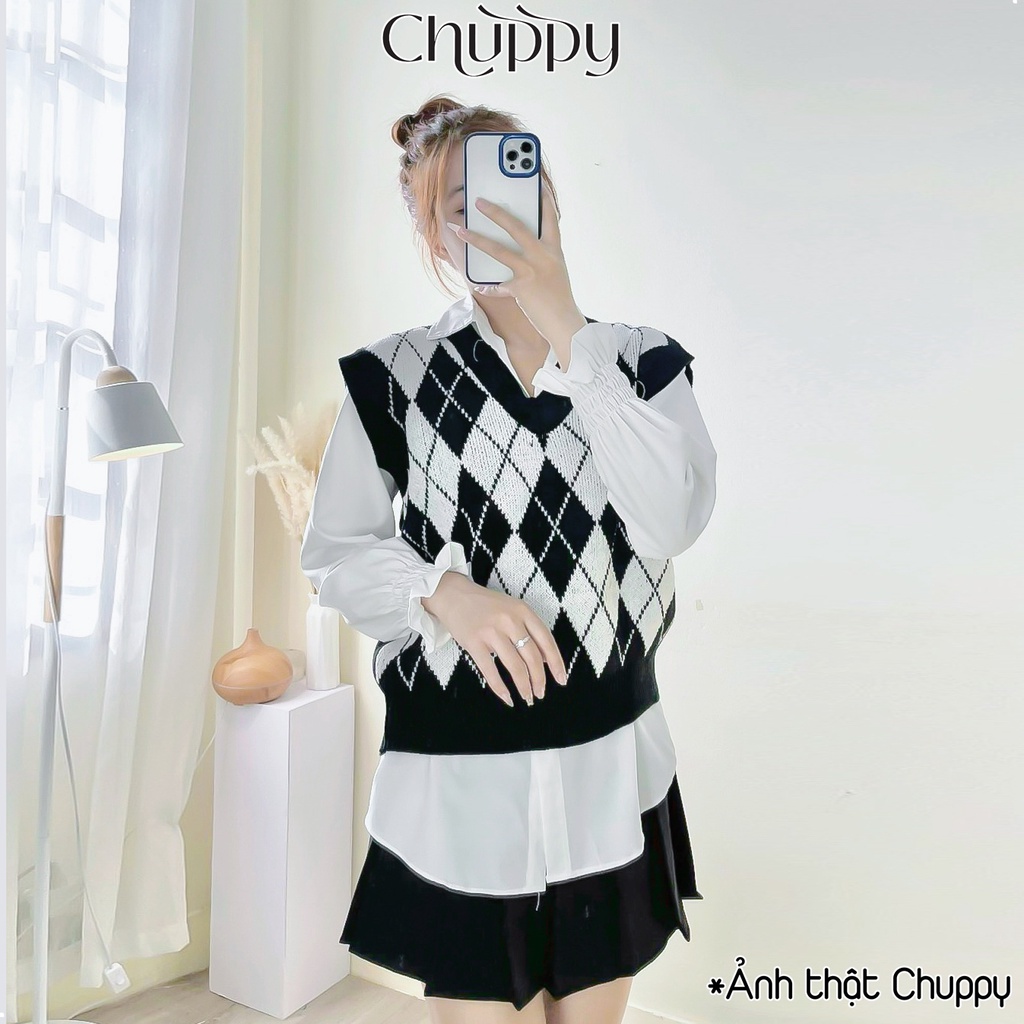 Áo gile len nữ CHUPPY chất len dày dặn họa tiết caro nhiều màu phong cách Hàn Quốc siêu xinh -GL05
