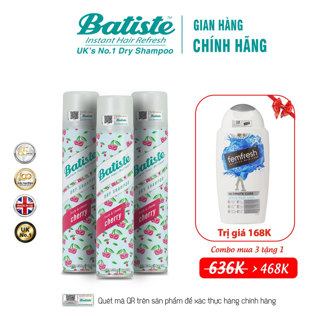 [ COMBO TỰ TIN RẠNG NGỜI] Mua 03 Dầu Gội Khô Batiste 200ml Tặng Ngay 01 Sản Phẩm FemFresh Anh Quốc 198K