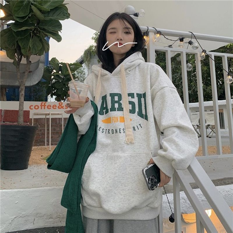 Áo hoodie COZOK tay dài dáng rộng in chữ phong cách cổ điển Hàn Quốc thời trang cho nữ