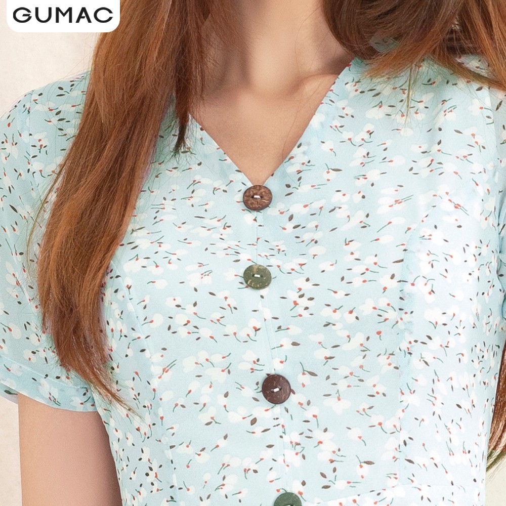 [Mã MABR07062 giảm 8% tối đa 50K đơn từ 249K] Đầm xòe hoa nhí cổ V nút gỗ GUMAC DA1096 | BigBuy360 - bigbuy360.vn
