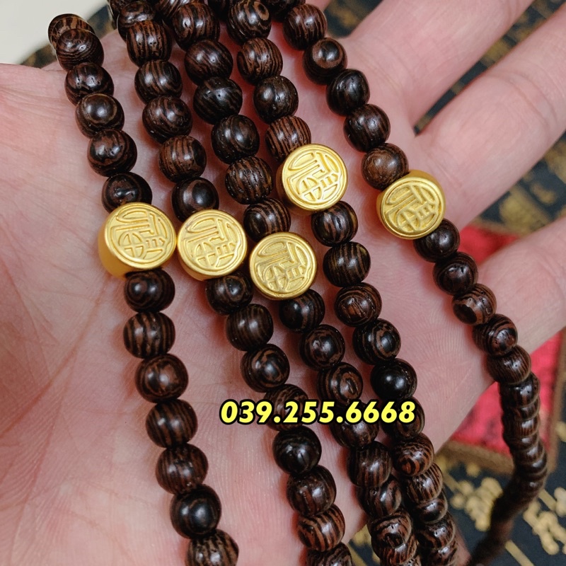 Vòng Tay Trầm Hương 108 Hạt mix Charm chữ &quot; Phúc&quot; Bạc xi Vàng cao cấp tặng kèm Hộp Gấm