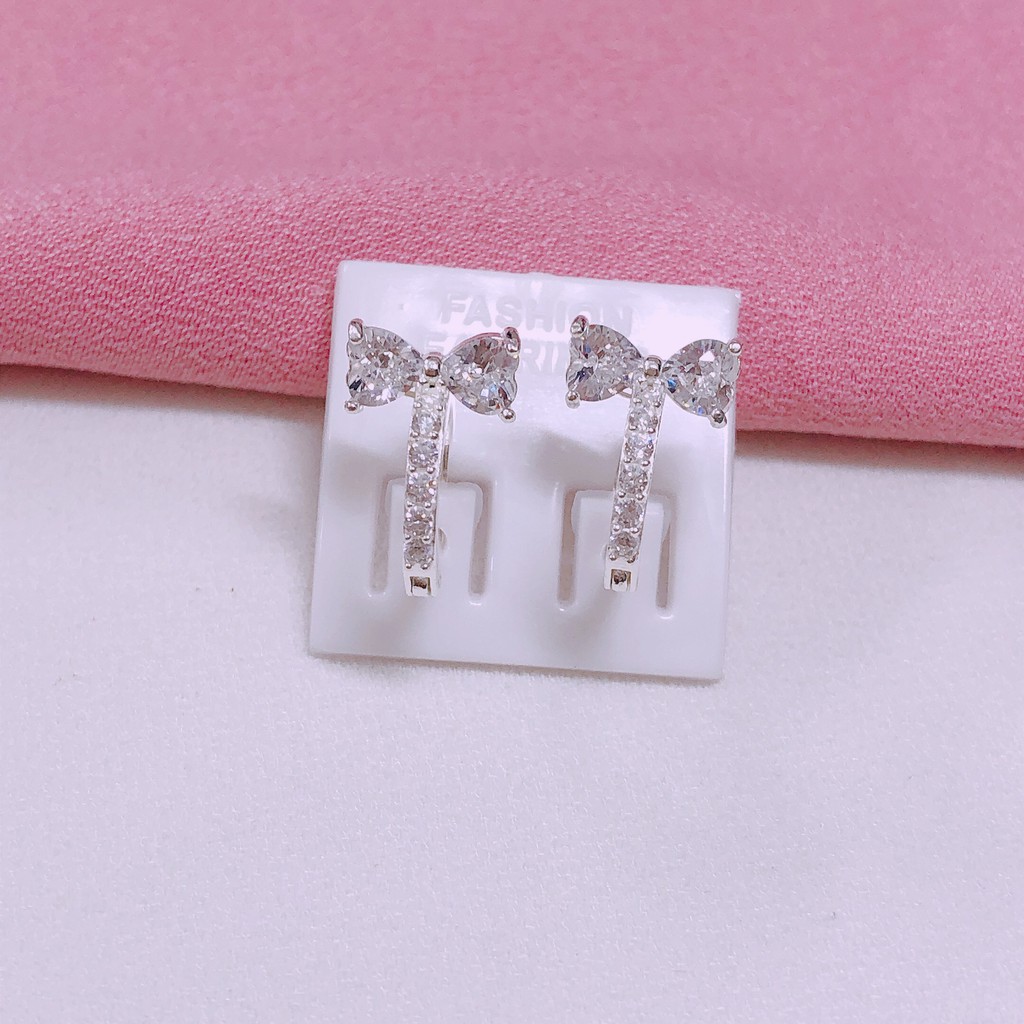 Bông tai bạc nữ dạng khoen tròn bấm hình nơ gắn đá nhỏ - Bạc Bibi